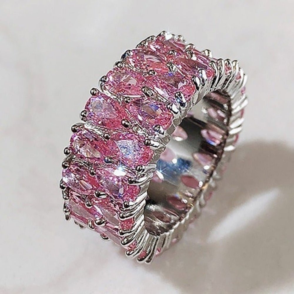 "925 Silver Plated Pear Cut Pink Romantic Stone Wedding Ring, GPMB1716